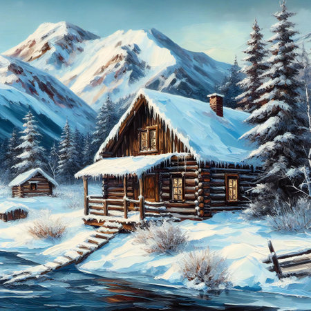 Snow covered beauty with a tranquil cabin viewの素材