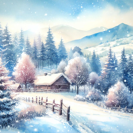 Winter house surrounded by trees including pine trees with majestic mountainsの素材