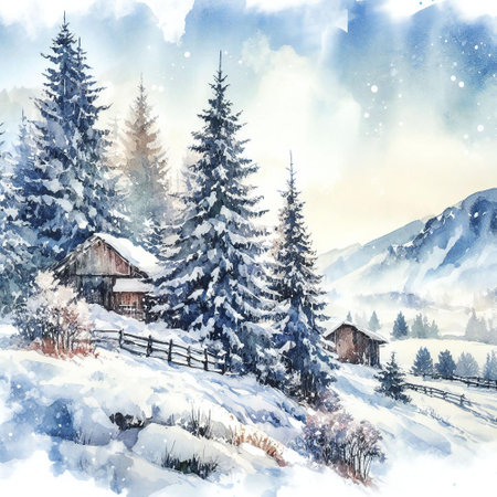 Winter house stands surrounded by trees including pine trees nestled among the mountainsの素材