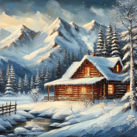 Winter cabin charm with a cozy painting art designの素材