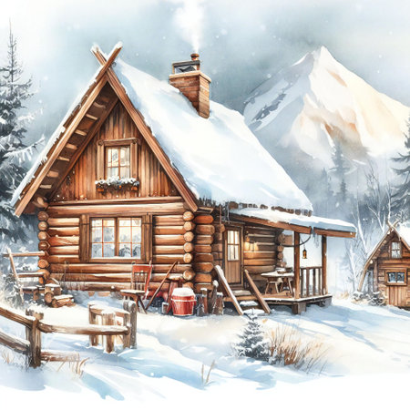 Watercolor winter cabin with cozy art designの素材