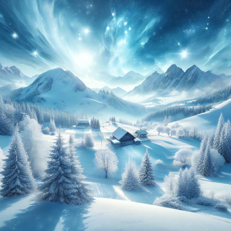winter wonderland with pine trees embrace a cozy cabin and starry night skyの素材