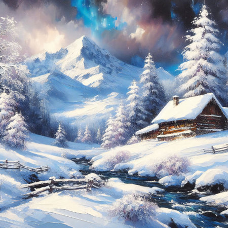 Frozen magic with captivating snowy landscape in acrylicの素材