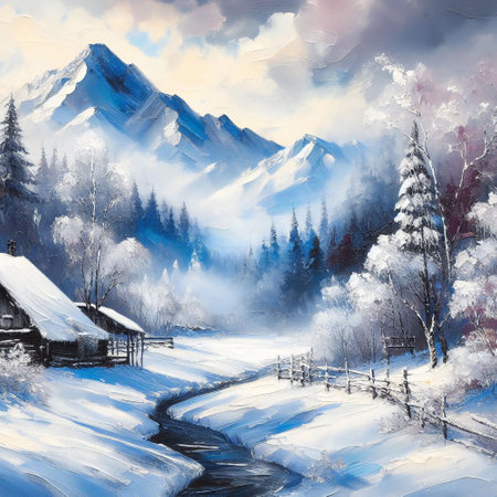 Acrylic painting winter wonderland with beautiful snowy weatherの素材