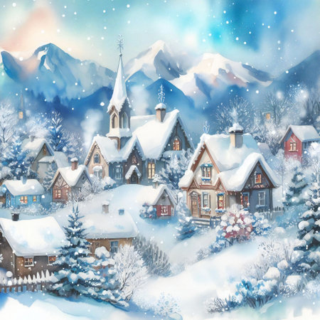 Watercolor painting showcases a frosty atmosphere depicting snow covered winter wonderlandの素材