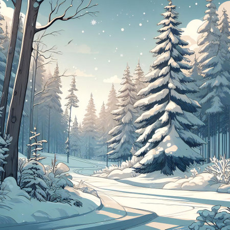Snowy scenes depict a charming winter wonderland with a playful cartoon elementsの素材