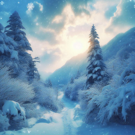 cartoon style snow scene photography brings a playful and imaginative touch to the snowy scenesの素材