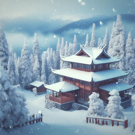 Cartoon style snow scene photography converts landscape into a lively and whimsical playgroundの素材
