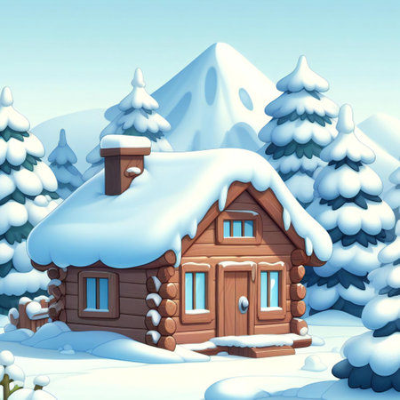 snowy landscape surrounding the cabin captured in cartoon style with realistic detailsの素材