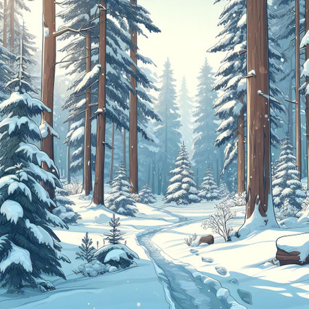 Cartoon style winter forest photography realistic snowy weather of whimsical landscapeの素材