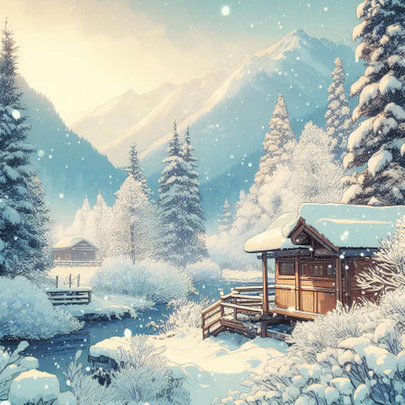 cartoon style snow scene photography turns the winter landscape into a charming playgroundの素材