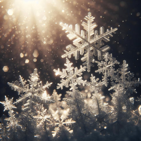 Glistening snow blankets the earth highlighting the delicate details of snowflakeの素材