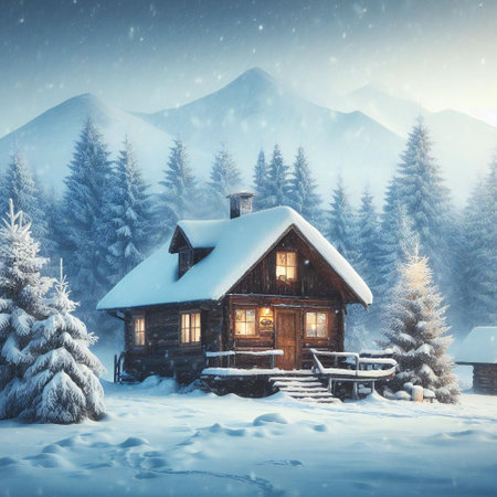 Snowy landscape and clear photography of the winter cabin scene comes to lifeの素材