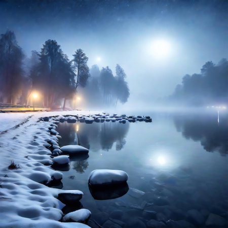 Foggy night with a snowy lake emerges as an ethereal and mysterious landscapeの素材