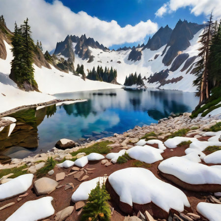 Glacial beauty of the snow lake is a reminder of the majestic power of natureの素材