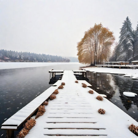 Chill by the shore with winters beauty on a snowy dock and frozen lakeの素材
