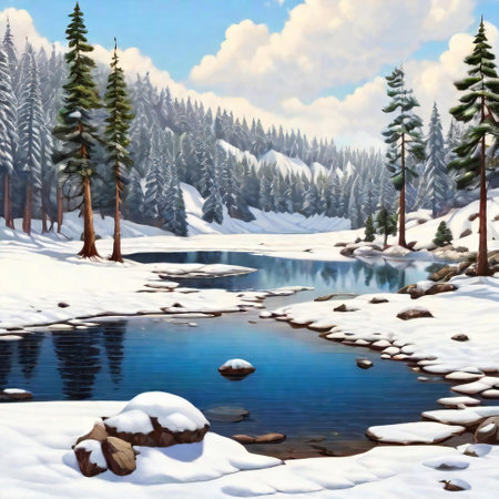 Snow covered lake near the pine forest creates a serene and peaceful winter sceneの素材