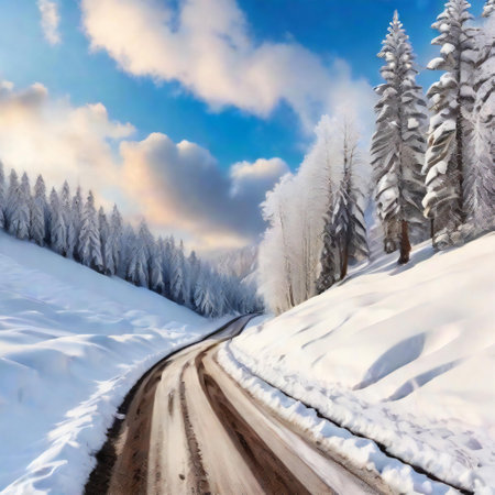 Winding through winter with a snowy mountain road near the forestの素材