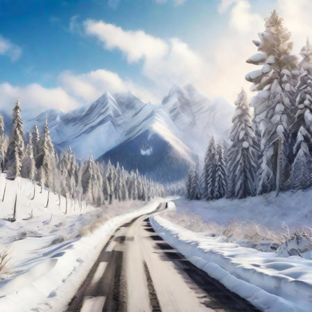 Tranquil journey of a snowy mountains along the forest roadの素材