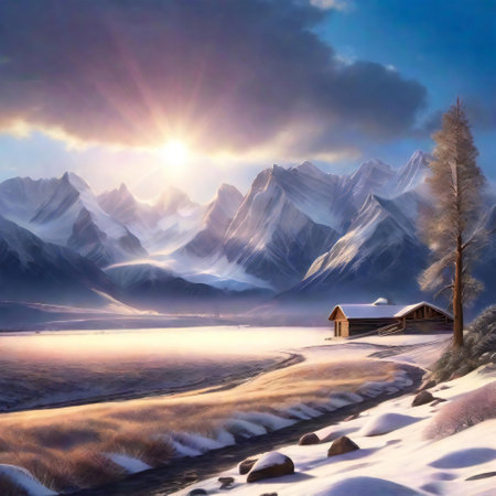 Mountain silhouettes embrace the cold beauty of snowy terrain under the fading western sunlightの素材