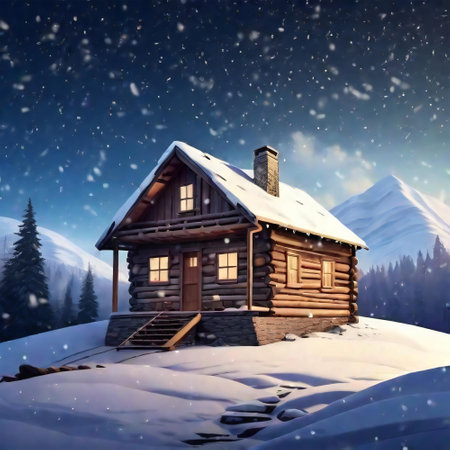 Snowy haven offers a tranquil scene with a mountain view for seasonal charmの素材