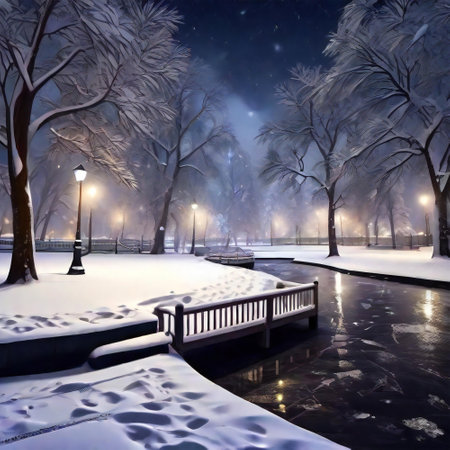 Snowfall blankets the park at night the cold weather adds to the frozen beautyの素材
