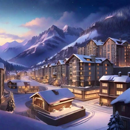 Snow covered rooftops and picturesque architecture paint a mesmerizing urban charm in winter wonderlandの素材