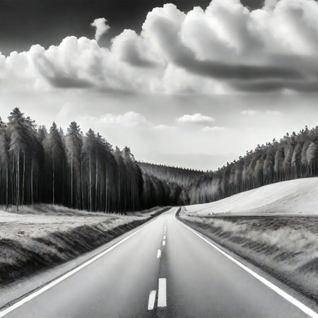 Black and white panorama of a tranquil journey along a scenic road with a forest covered in snowの素材