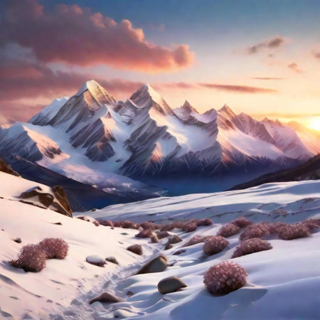 Majestic mountains with cold beauty revealing a winter scenery of snow covered summits at sunsetの素材