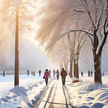 people are walking winter wonderland with tranquil beauty of a snowy morningの素材