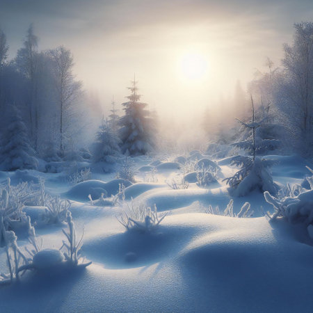 Snow covered trees in the tranquil forest create a picturesque view with beauty of the seasonの素材