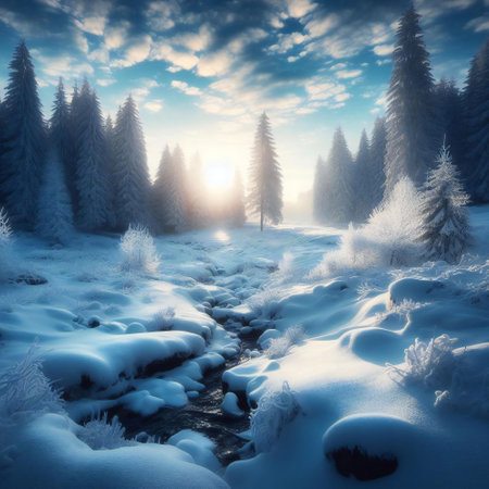 Snow covered trees stand tall their branches adorned with the frosty beauty of the crisp morningの素材