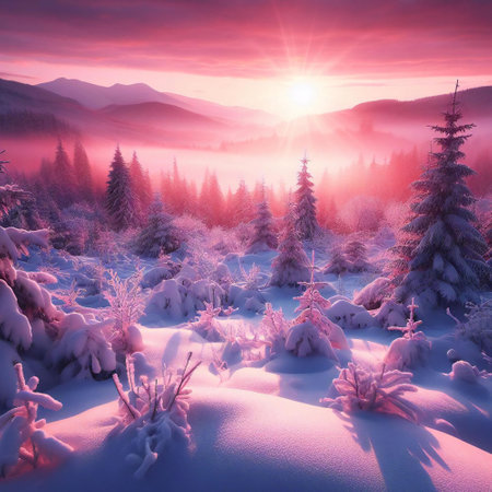 Snow covered trees stand in silent admiration with rosy glow of natures embraceの素材