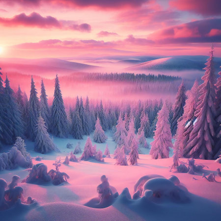 Morning light paints the landscape in frosty beauty with the snowy tranquility of sceneの素材