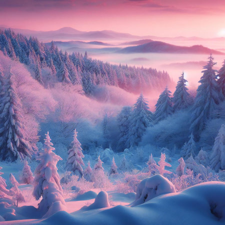 Snowy wilderness with pink sunrise casts a spell of calmness and quietudeの素材