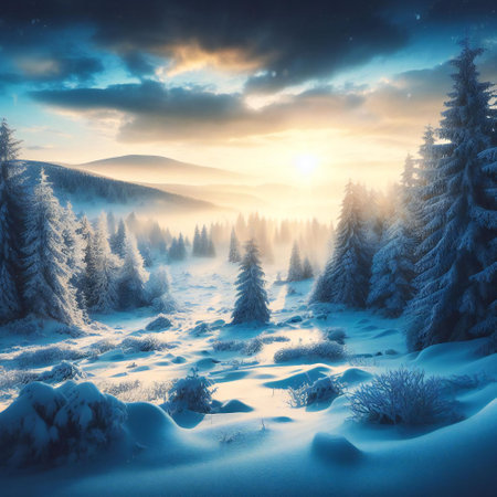 Frozen beauty of the icy trees and snowy panorama is illuminated by the morning glowの素材