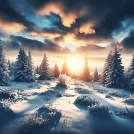 Winter forest with setting sun becomes a captivating tableauの素材