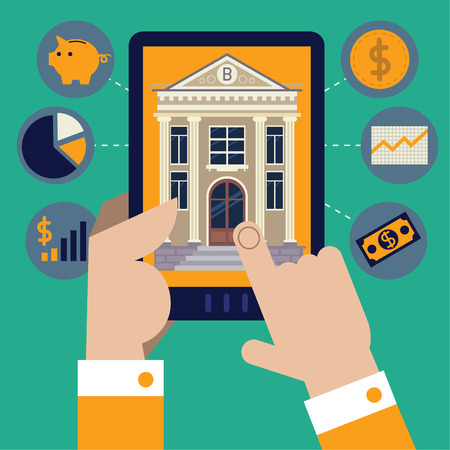 A person holds a tablet as internet banking have Enters Hisのイラスト素材