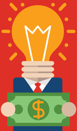 Entrepreneur with light bulb head INSTEAD OF holds a big bill Between His Hands.のイラスト素材