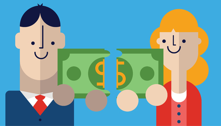 Businessman joins businesswoman with a bill to create a wholeのイラスト素材