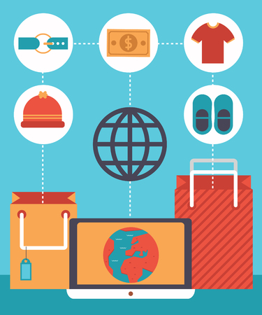 Computer with globe on it gets connected to the internet to buy some clothesのイラスト素材