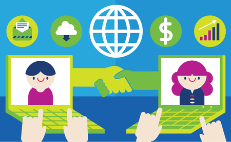 Man Reaches a deal with a woman and They shake hands on it thanks to the internetのイラスト素材