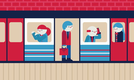 Subway cart Filled With people working on a station With the doors openのイラスト素材