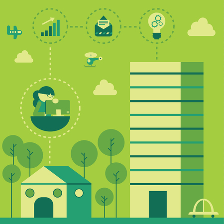 A woman works from her home and sends her report towards a corporate building using the internetのイラスト素材