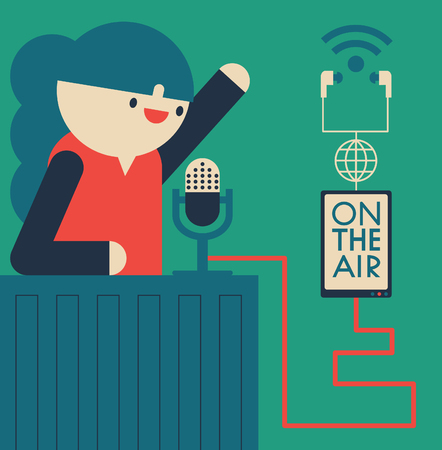 A woman talks into a microphone and then uploads it into the internetのイラスト素材