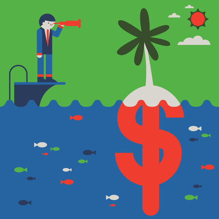 A businessman looks trough the spyglass towards an island that, underneath, is a money symbolのイラスト素材