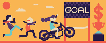 A businesswoman rides a bike to win the race for the first prizeのイラスト素材
