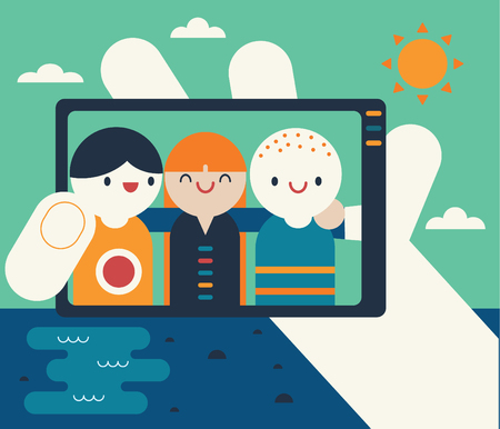 A person takes a group self with his smart phoneのイラスト素材
