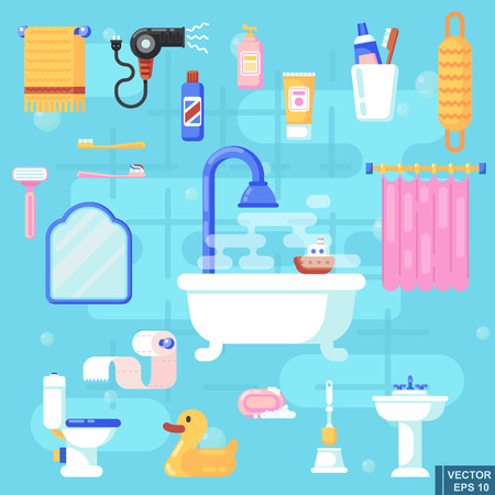 Set flat icons of bath and toilet isolated Elements for bathroom interior Vector illustrationのイラスト素材