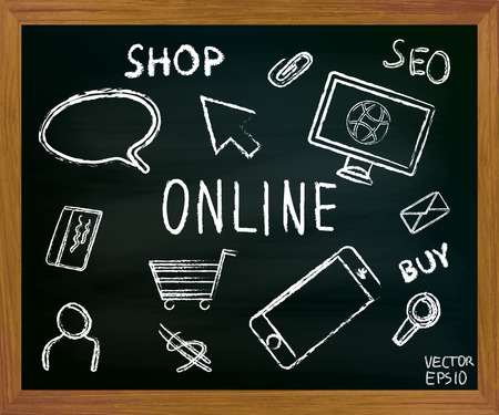 Set of modern devices on the chalkboard. Smartphone, computer. Online. The Internet.のイラスト素材